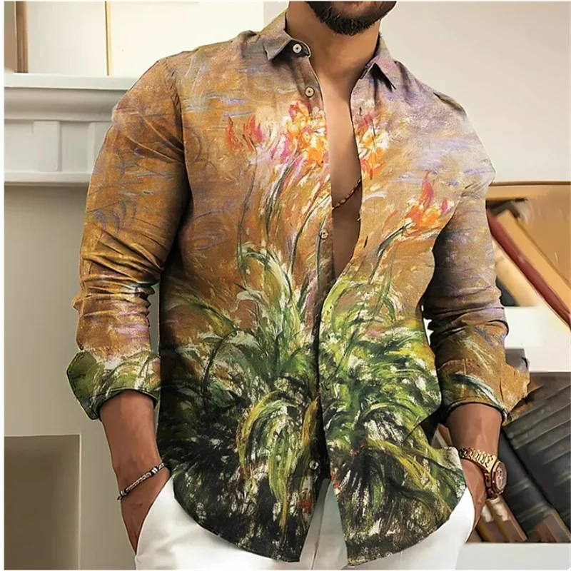 3D Floral HD Pattern Men\'s Shirt Lapel Single Breasted Long Sleeve Shirt Outdoor Street Fashion Clothing Designer Casual S-6XL