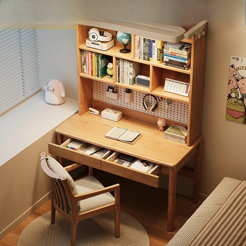 

Children's study table Household primary and secondary school student desk Large street lamp Solid wood sun table Bookshelf