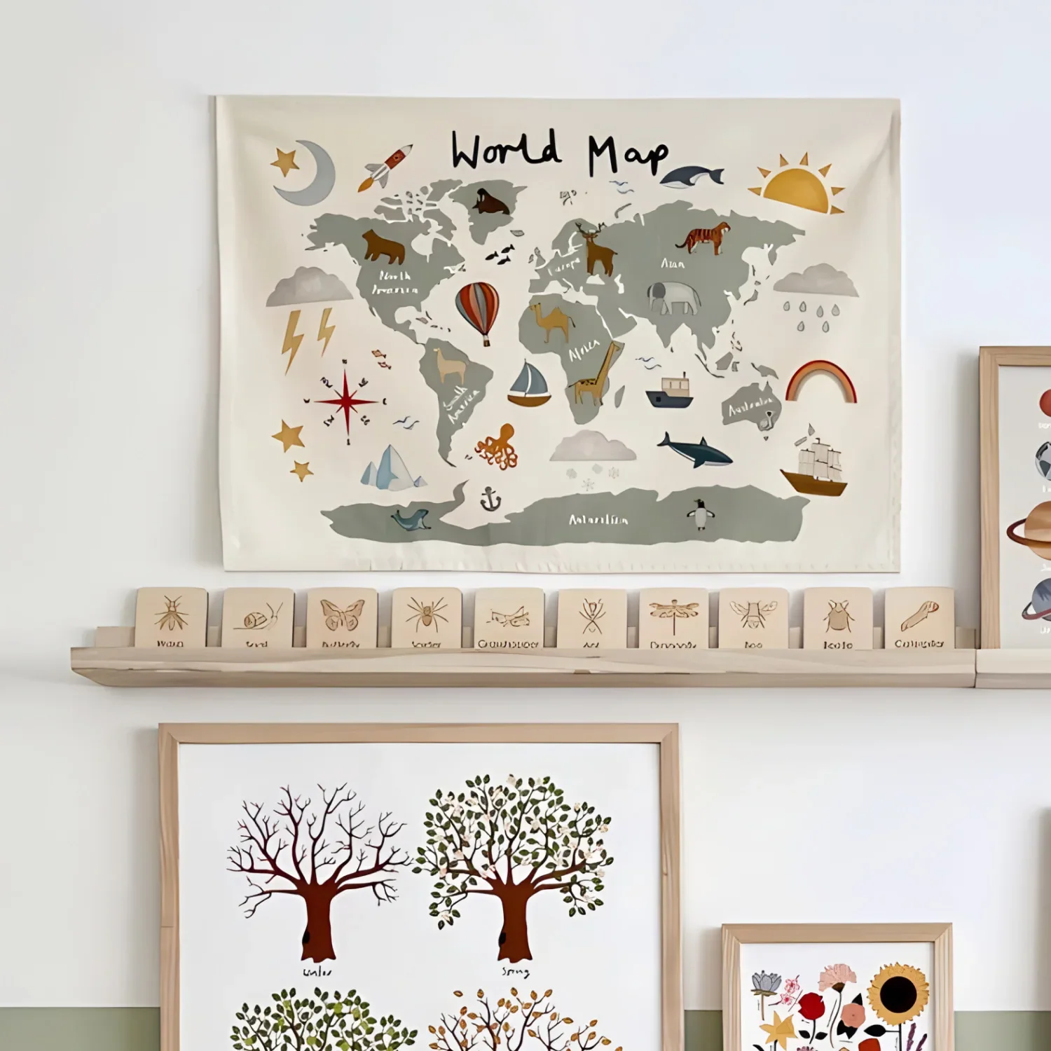 INS Nordic Canvas World Map Decoration Children's Room Wall Decor Cartoon Animals Planets Alphabets Tapestries Hanging Ornament