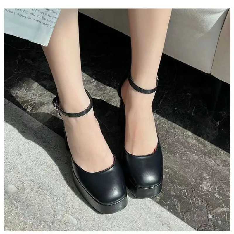 Woman\'s High Heels Pumps Chunky Ankle Strap Sweet Platform Square Mary Janes Spring Versatile Fashion Night Club Cosplay Shoes