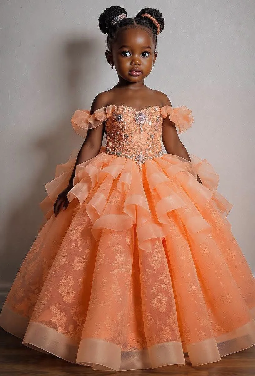 Orange Girls Birthday Party Dresses Customized Beading Lace Princess Flower Girl Dresses for Wedding Baby Kids Pageant Dress