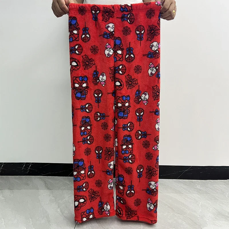 Cotton Velvet Hello Kitty Spider-man Unisex Loose Pajama Set with Long Pants Comfortable Fit, Perfect for Sleep Casual Home Wear