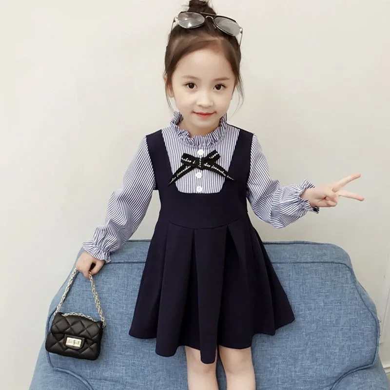 Spring Autumn Fashion High Collar Long Sleeve Fake Two Pieces Children's Clothing Casual Versatile Western Korean Girls Dresses