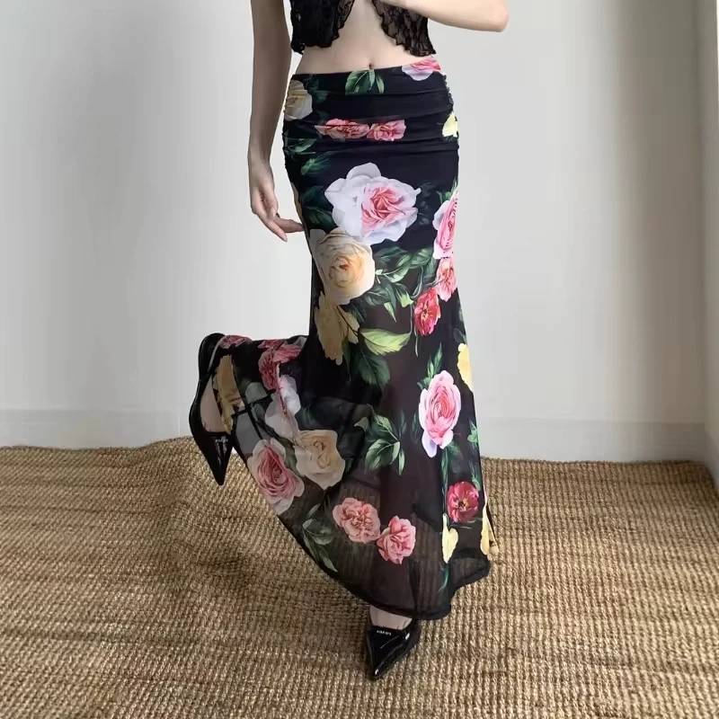 Summer Women'S Flower Print Slim Waist Skirt A Line Flare Trumpet Long Skirts Spice Holiday Dress Casual Vintage Beach Femme