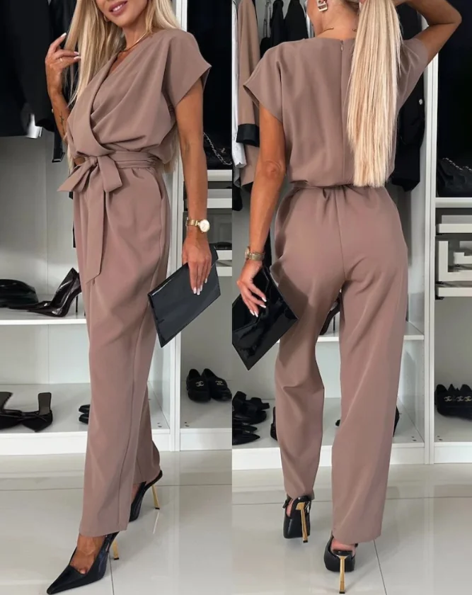 full length for sexy and elegant women Wrap V-Neck Short Sleeve Tied Detail Jumpsuit Casual Pocket Design Rompers for women