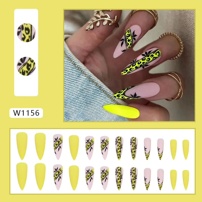 24Pcs Long  stiletto European and American fashion leopard print nail polish frosted shining yellow fake nails