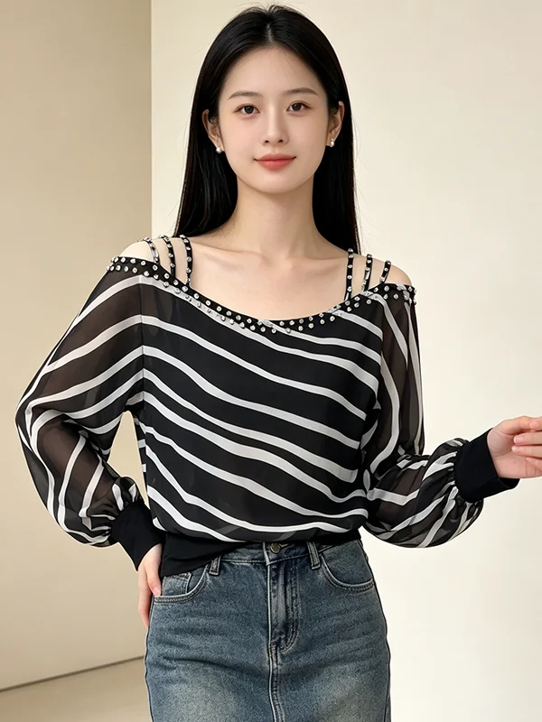 Elegant Loose Long Sleeve Women's Chiffon Top Shoulder Bared Sequin Long Strap Design Slimming Casual Fashion Top