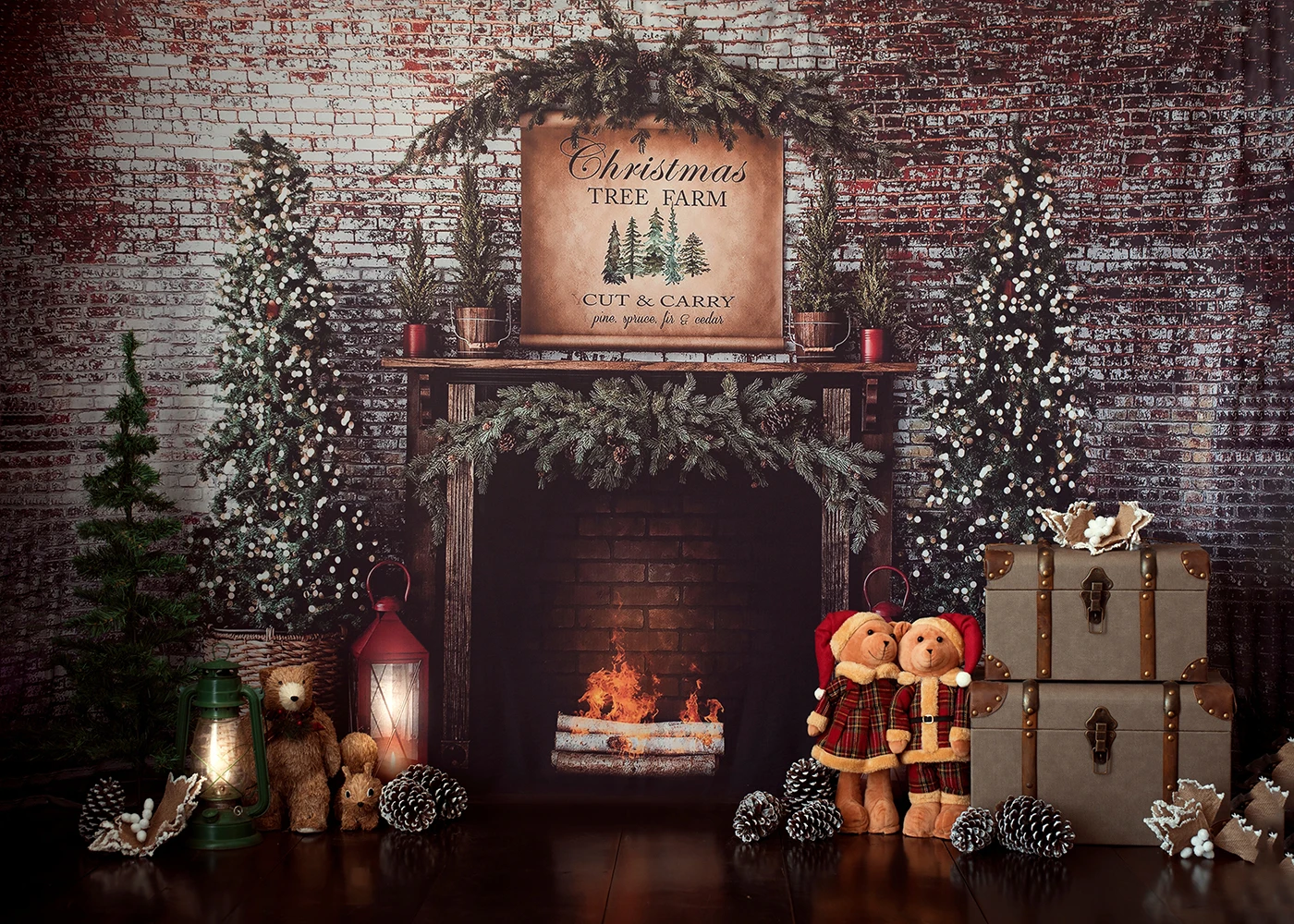 

Christmas Photography Background Vintage Brown Brick Wall Fireplace Backdrop Xmas Tree Lamp Gifts Party Decor Studio Photo Props