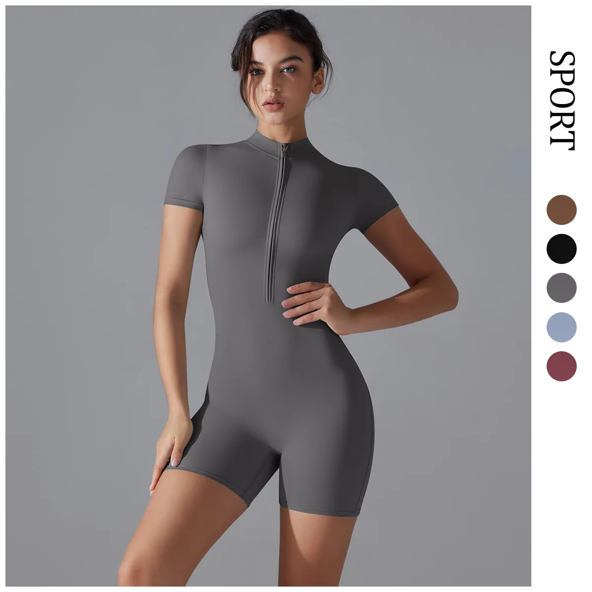 European and American Nude One-piece Yoga Suit with Stand Up Collar Half Zipper Short Sleeved Fitness Jumpsuit Tight Fitting