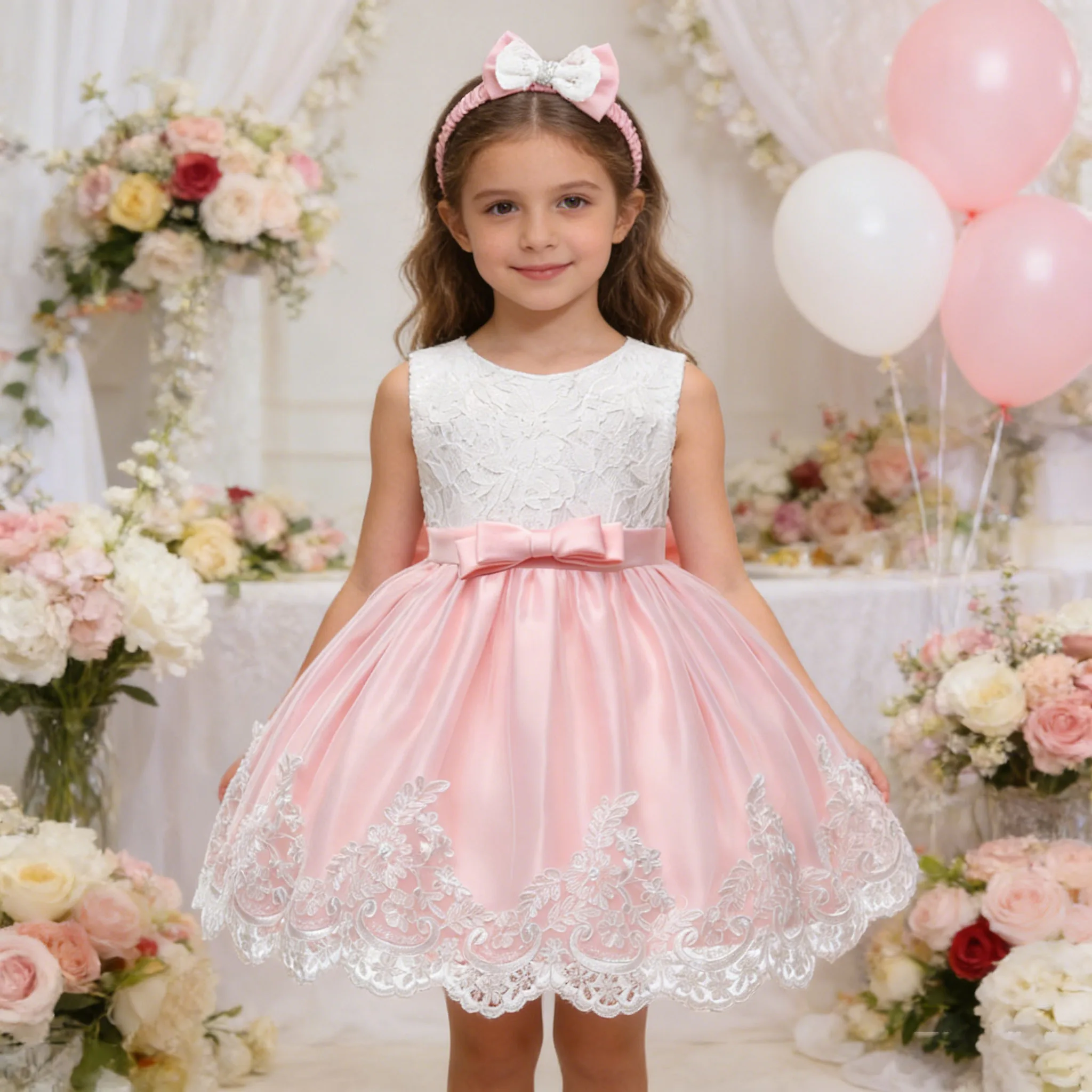 Flower girls Dress+Headwear For 3-8years Girls Wedding first 1st Birthday Party Dress Children Princess Elegant Dresses baptism