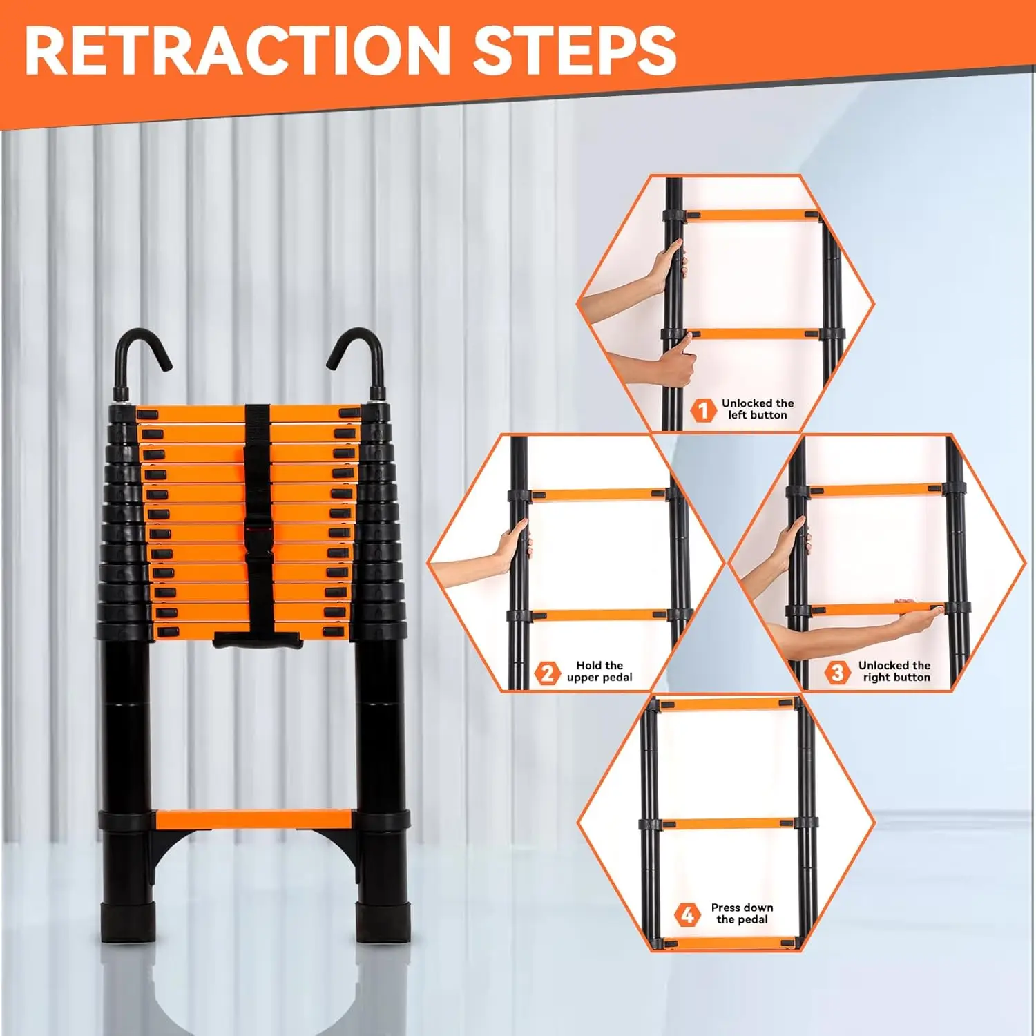 15.5FT  Telescoping Extension Ladder Orange Retractable Ladder with Triangle Stabilizers Non-Slip Feet 330lbs Capacity