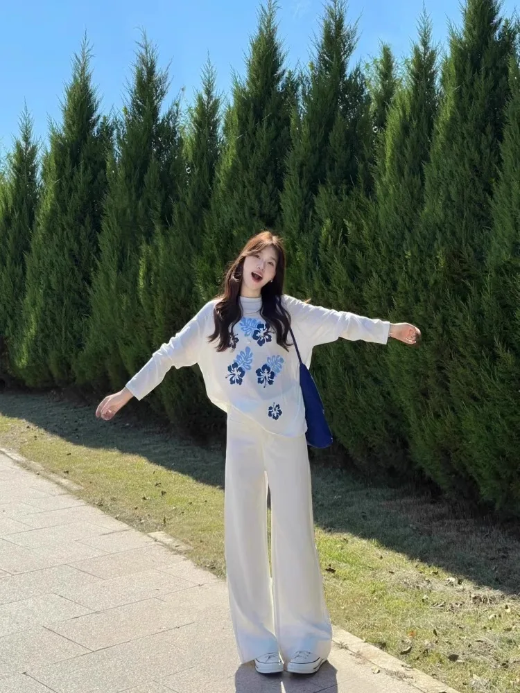 Summer Thin Long Sleeve T-Shirt Women's Loose Fit Printed White Lace Sun Protection Cover up Commute Style round Neck Sweatshirt