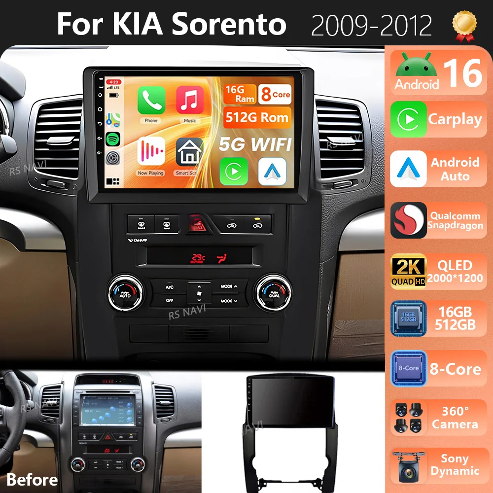 Plug and Play Android 16 For Kia Sorento 2 XM 2009 - 2012 2K QLED Android Car Radio Multimedia Video Player GPS Stereo CarPlay
