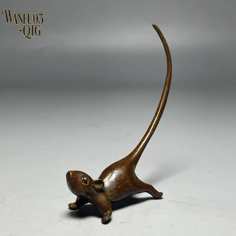 Hot Sale Long Tail Mouse Miniature Figurine Chinese Style Tea Pet Vintage Pure Copper Rat Ornament Home Decoration Accessories