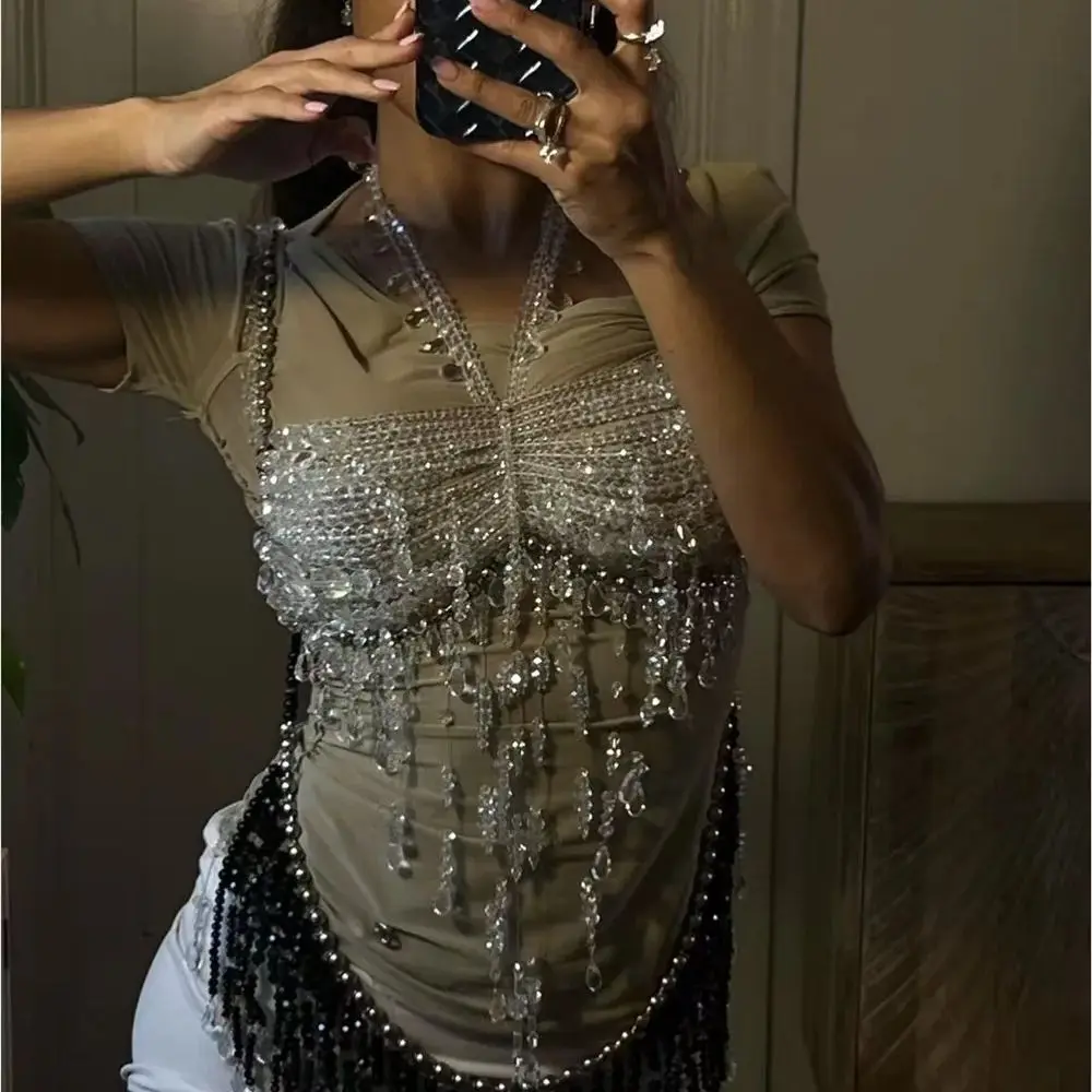 

New Handmade Beaded Choker Body Chain Beach Vacation Layered Fringe Bead Necklace Beach Vacation Layered Fringe Beaded Necklace