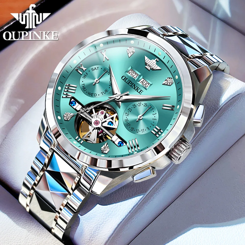 OUPINKE Luxury Brand Tungsten steel Automatic Mechanical Men\'s Watches Multifunction Hollow Out Waterproof Original Wristwatch