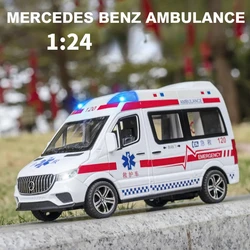 1:24 Mercedes-Benz Hospital Rescue Ambulance Metal Car Model Pull Back Sound and Light Alloy Car Toys for Children Boys Gift C68