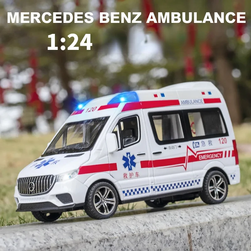 1:24 Mercedes-Benz Hospital Rescue Ambulance Metal Car Model Pull Back Sound and Light Alloy Car Toys for Children Boys Gift C68