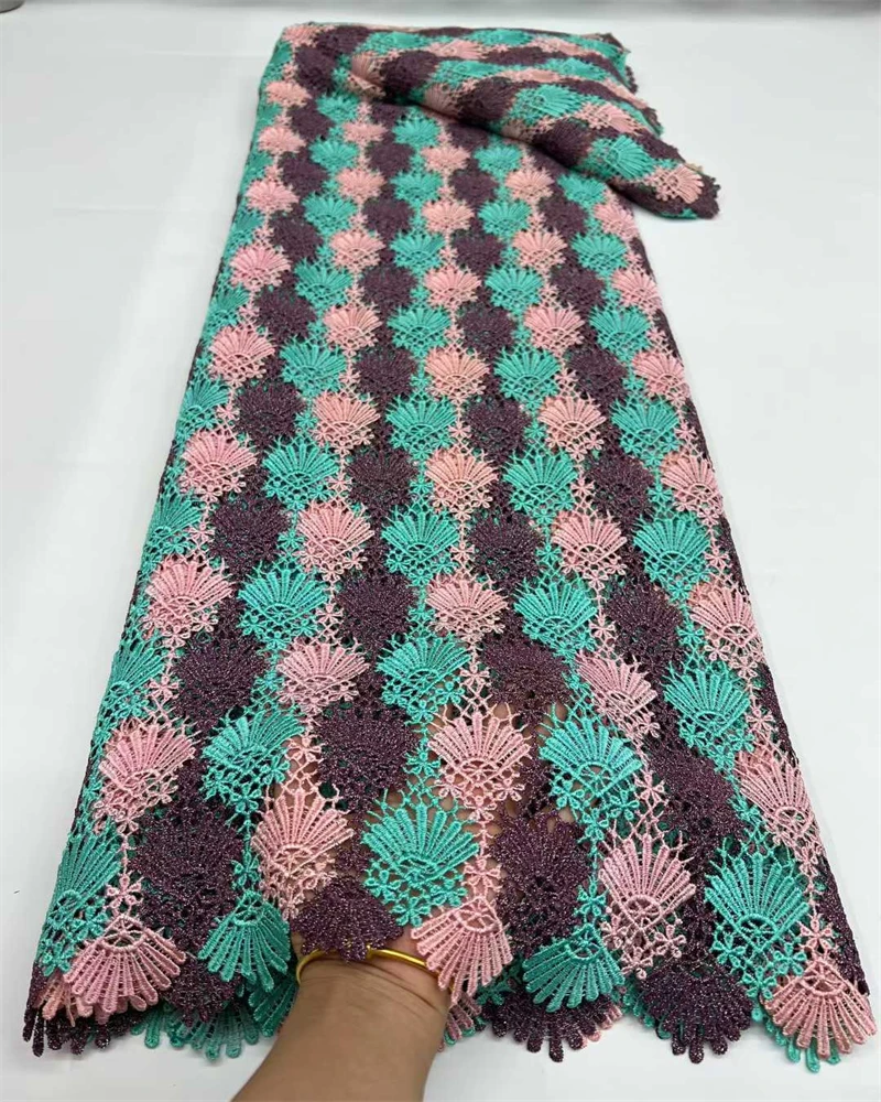 Afrykańska koronka sznurkowa wysokiej jakości, niebieska koronka gipiurowa, materiał na sukienki damskie.