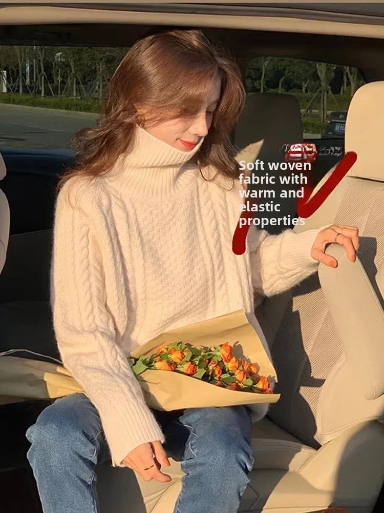 トレンディな小さいサイズの高級ニットウェア女性のインナーウェア怠惰なスタイルツイストハイカラーセーター秋冬新着