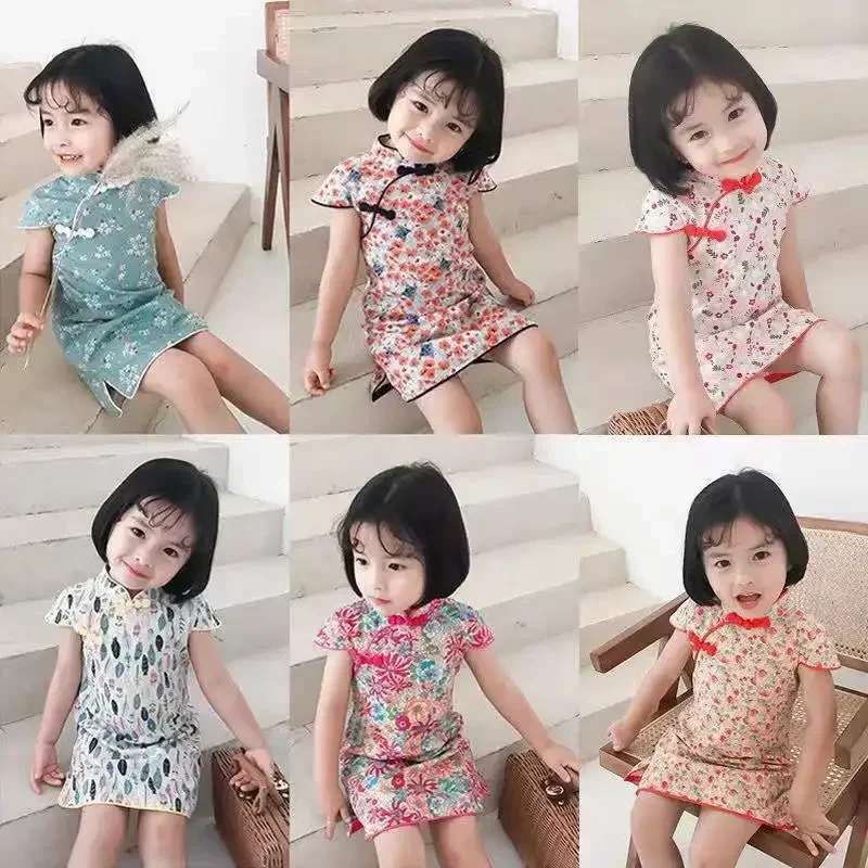 Girls Hanfu Tang Baby Dress Cheongsam Casual Modern Qipao Girl Summer Children Dresses Traditional Chinese Clothes Kids Vestidos