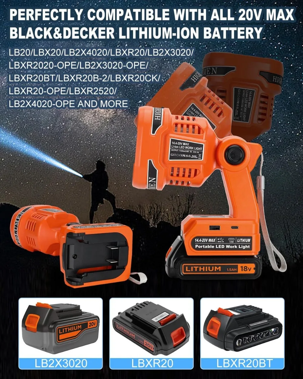 LED Flashlight for Black &Decker 20v Battery Cordless LED Work Light Spotlight Jobsite Light with USB for Camping Outdoor Indoor