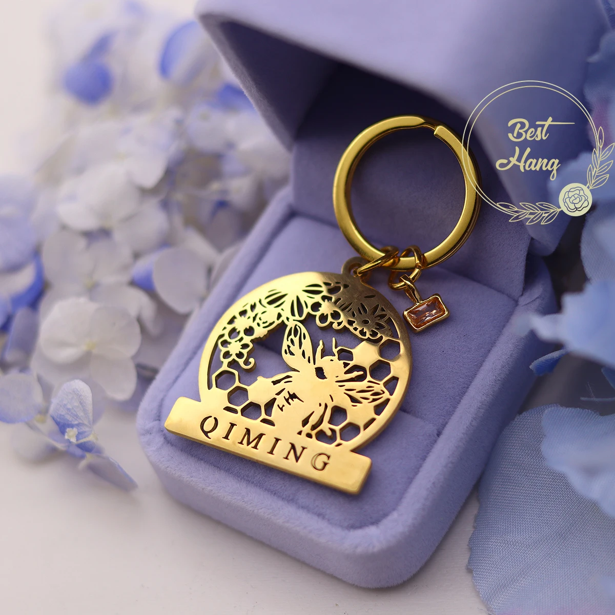 

Custom Name Honey Comb Birthstone Beehive Nameplate Keychain Stainless Steel Customized Honeycomb Flower Keyring Birthday Gift