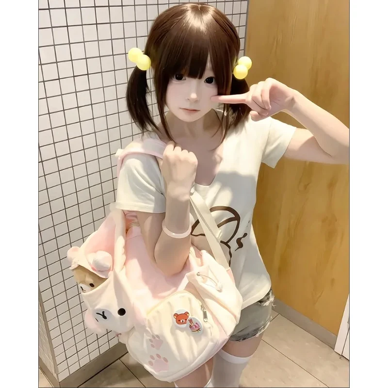 Kawaii Rilakkuma Plush Backpack Cute Cartoon Large Capacity Backpack Versatile for Girls Student Backpack Computer Bag Gift Toys