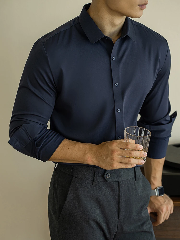 

Мужская рубашка в деловом стиле с длинным рукавом, гладкая, немнущаяся, не требует глажки, модная городская модель из смесовой полиэстеровой ткани