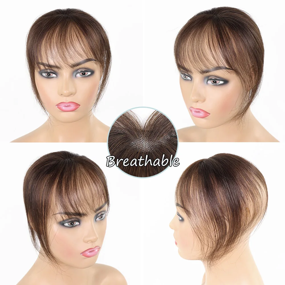 Brown Clip In Bangs 100% Real Human Hair Wispy French Bangs Fringe with Temples Hairpiece Air Bangs for Women Hair Extensions