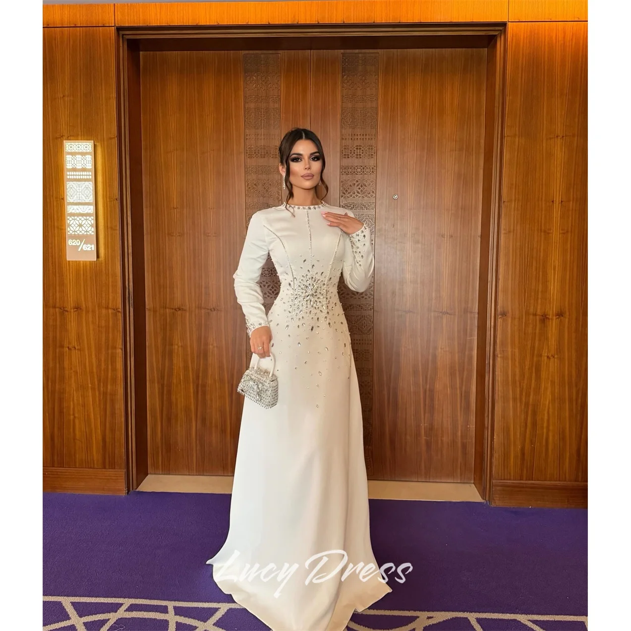 

Lucy Satin High White A-Line Evening Dress 2026 Prom Dress Crystal Elegant Luxury Formal Women's Customized Robes de Soirée