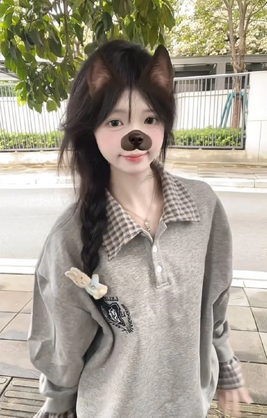 

American High Street Fake Two-Piece Embroidered Lapel Plaid Sweatshirt Women Spring Autumn College Style Casual Versatile Top