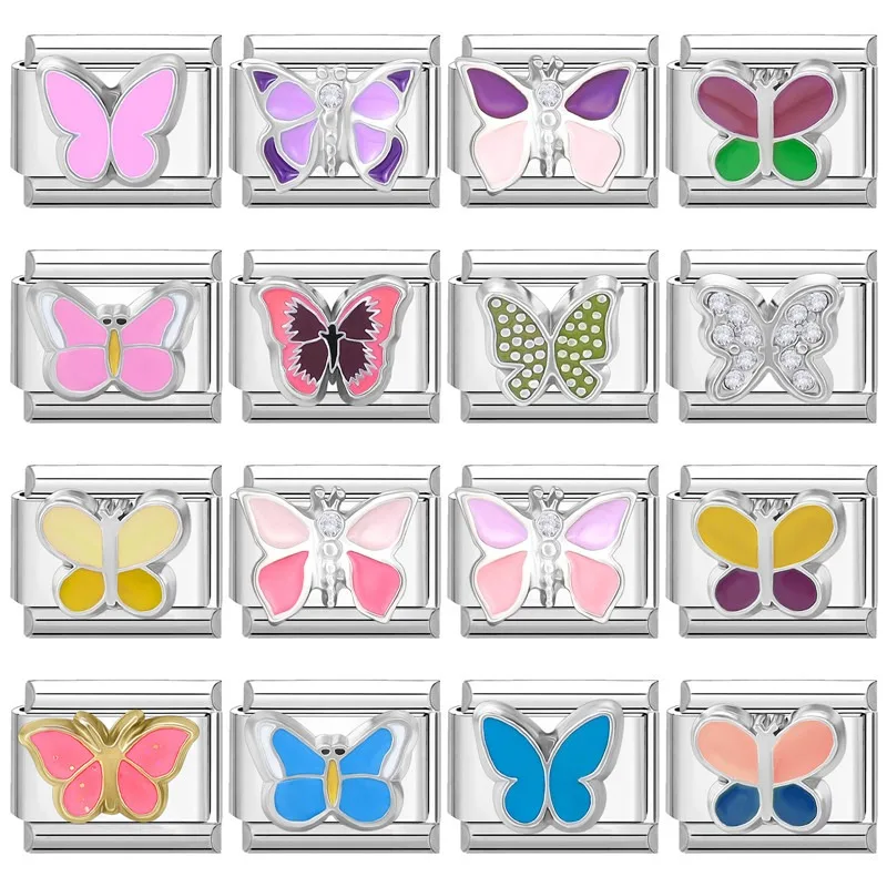 

New Purple Pink Blue Butterfly Flower Shiny Zircon Italian Charm Links Fit 9mm Bracelet Stainless Steel Jewelry DIY Making Gifts