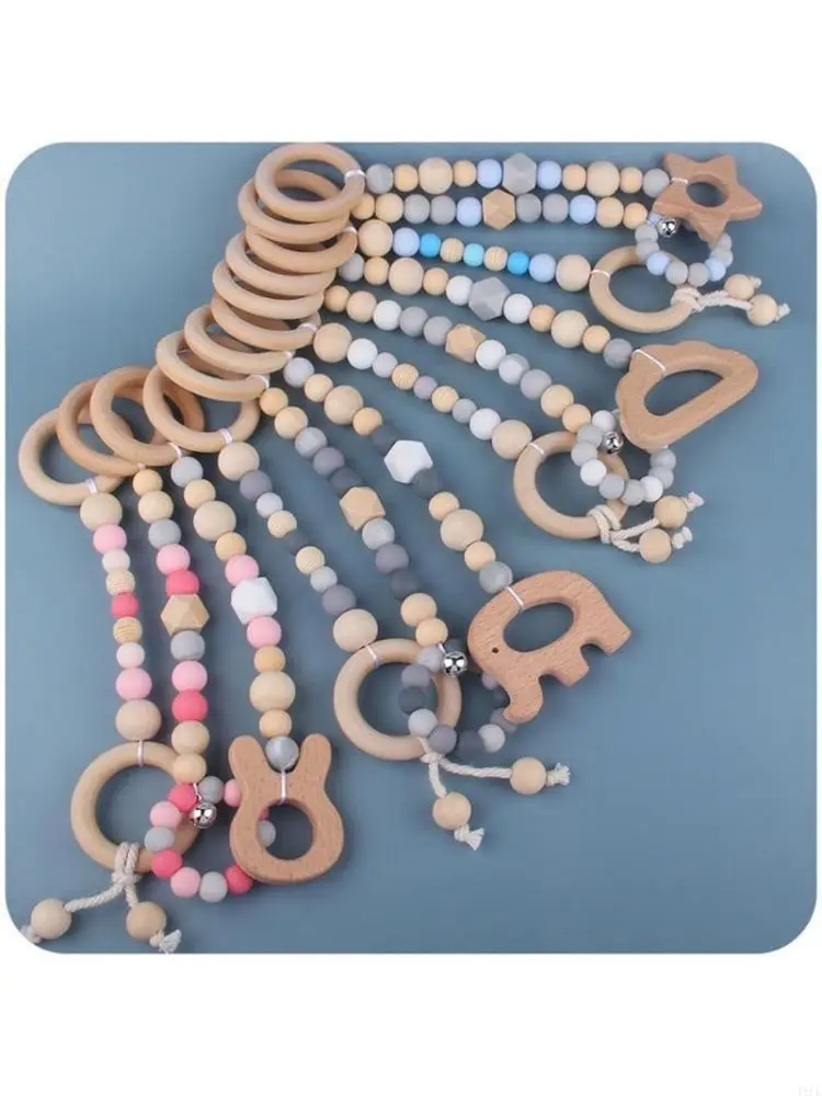 

Beech Wooden Ring Teether Baby Gym Frame Pendant & Silicone Beads Sustainable Baby Gym Set Easy to Carry for Infant