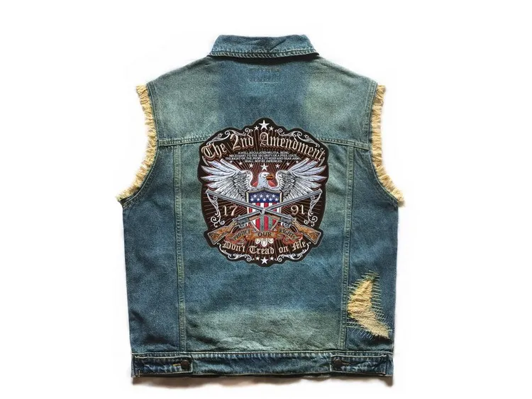 Embroidered Denim vest cowboy blue Jeans Patchwork Motorcycle Biker Jeans Sleeveless jacket punk Cowboy Fashion vest 6XL