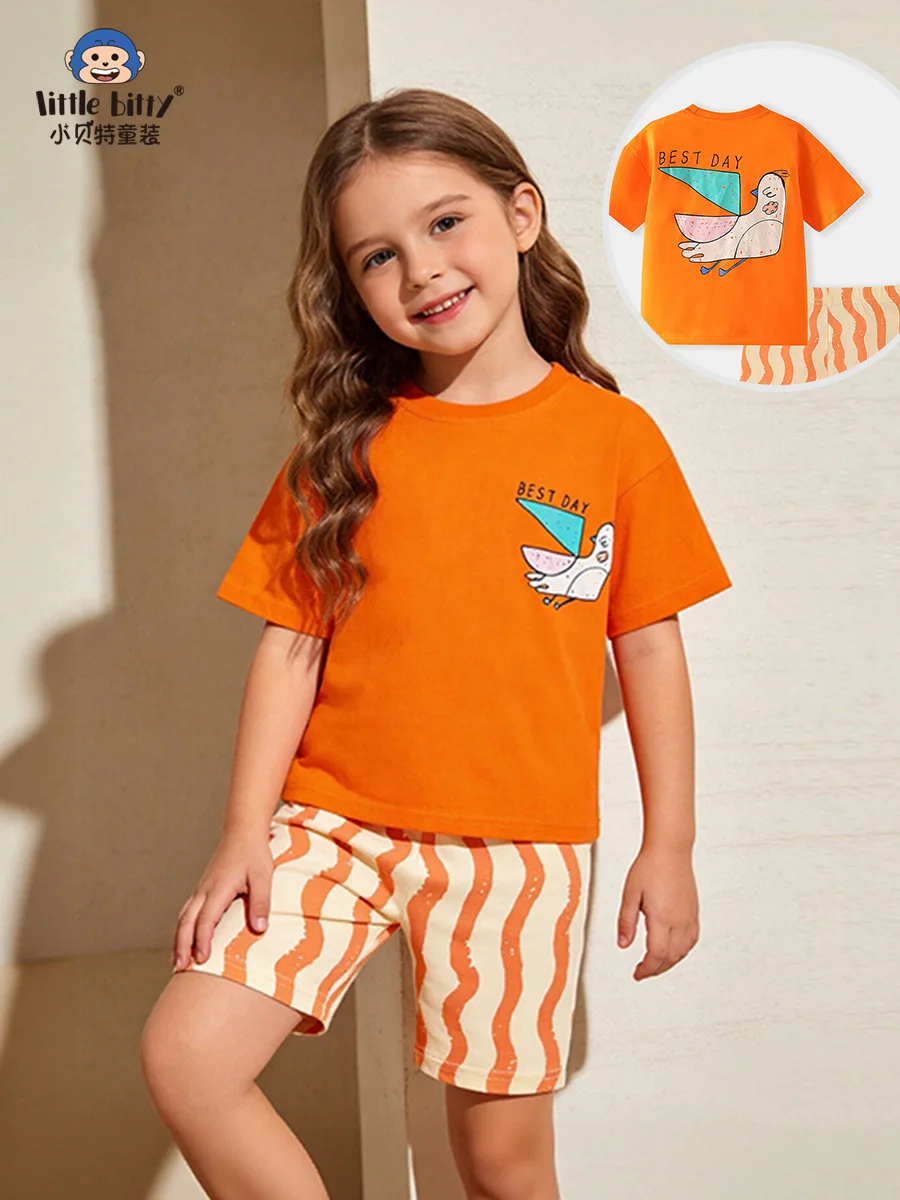 

Summer Two-Piece Set for Girls 3-8 Cartoon Abstract Print round Neck Short Sleeve Top Young Children's Outfit Baby T-shirt