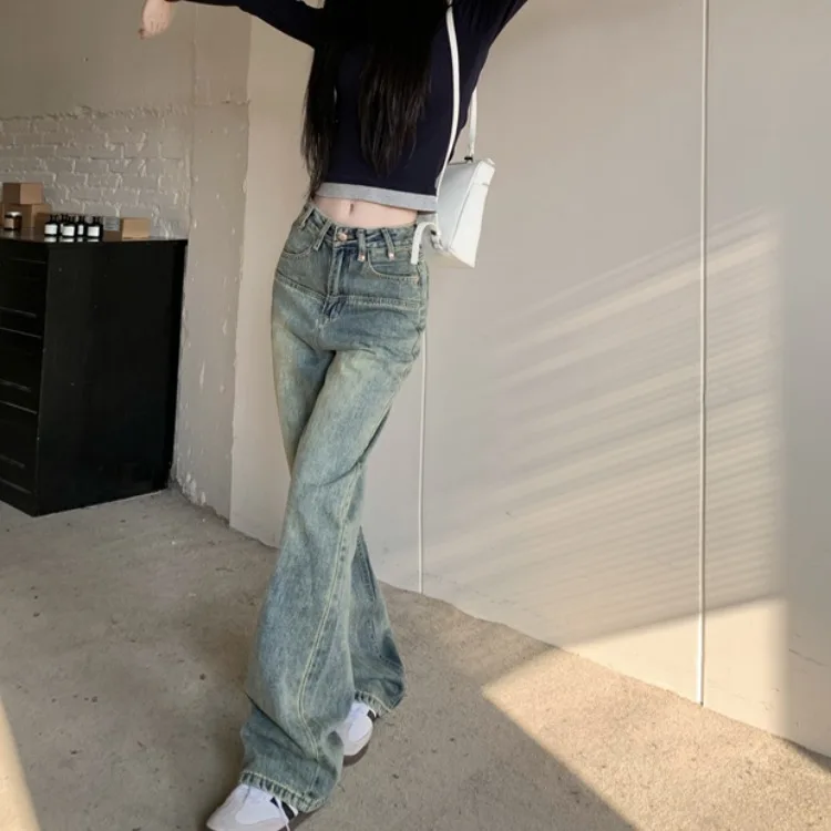 Pantalones vaqueros de pierna recta Retro americanos para mujer, pantalones largos de cintura alta a la moda, holgados, hasta el suelo, color azul