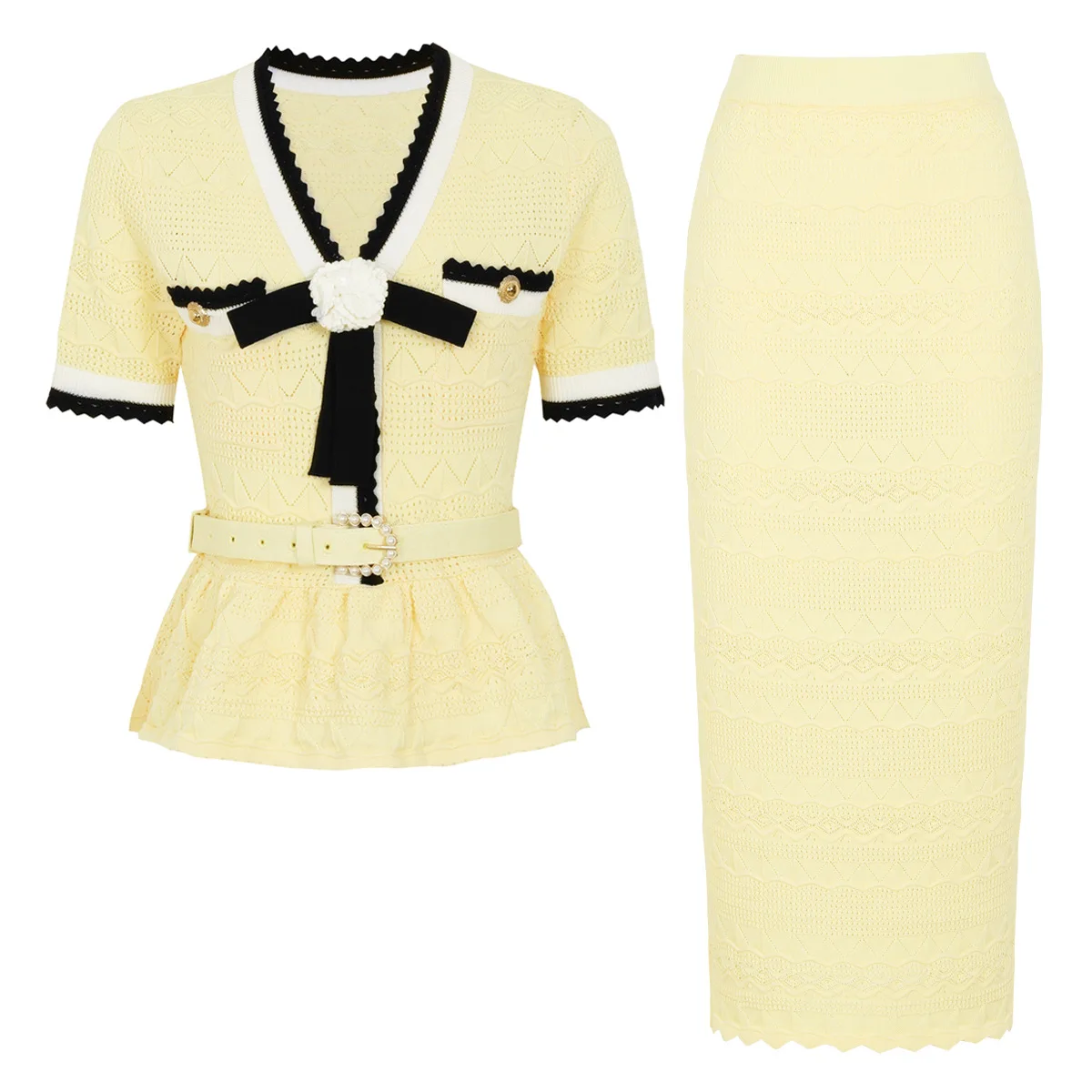 ZJYT Elegant Women's Long Dress Set Two Piece Outfit Blue Autumn Fashion Short Sleeve V Neck Knitted Suit Top Skirt Party Work