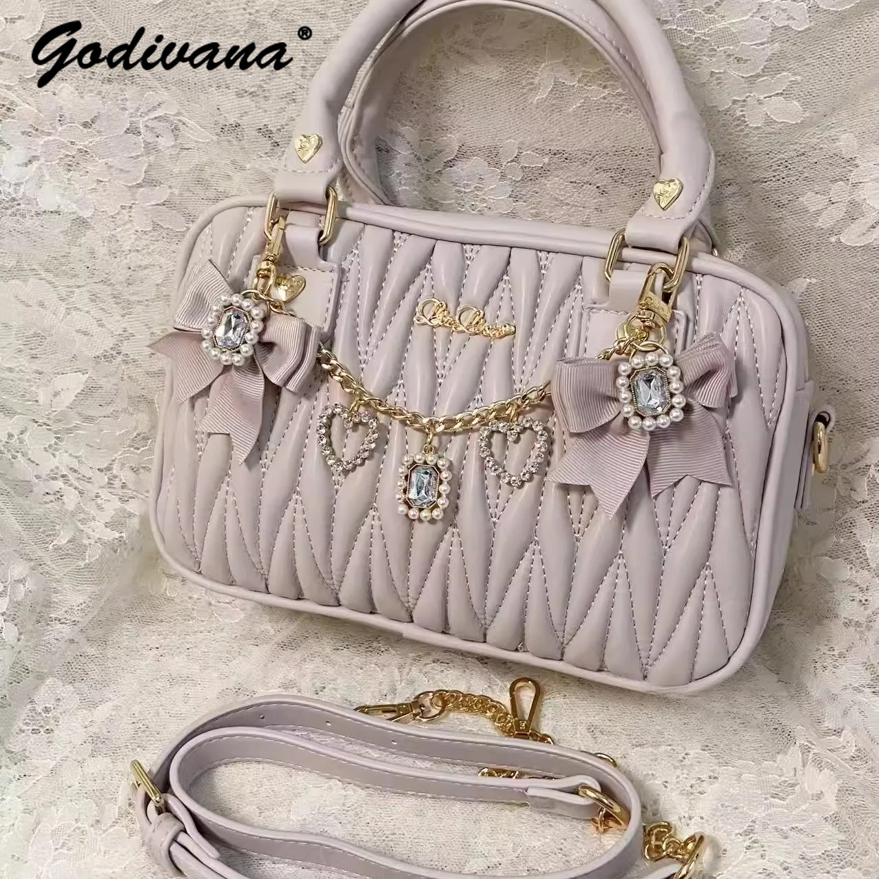 

Japanese Liz Heart Rhinestone Bow Pendant Ruched Pink Tote Handbag Lolita Sweet Girl Women's Crossbody Bags