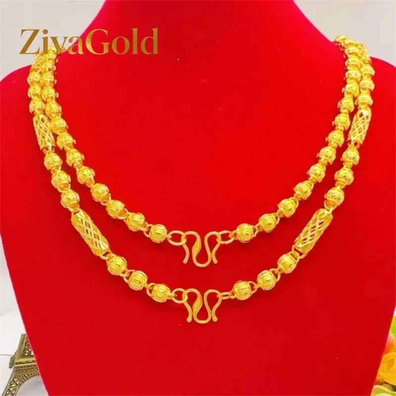 

ZivaGold 9999 24K real gold round bead hexagonal square necklace frosted collarbone chain gold full match men's and women's go