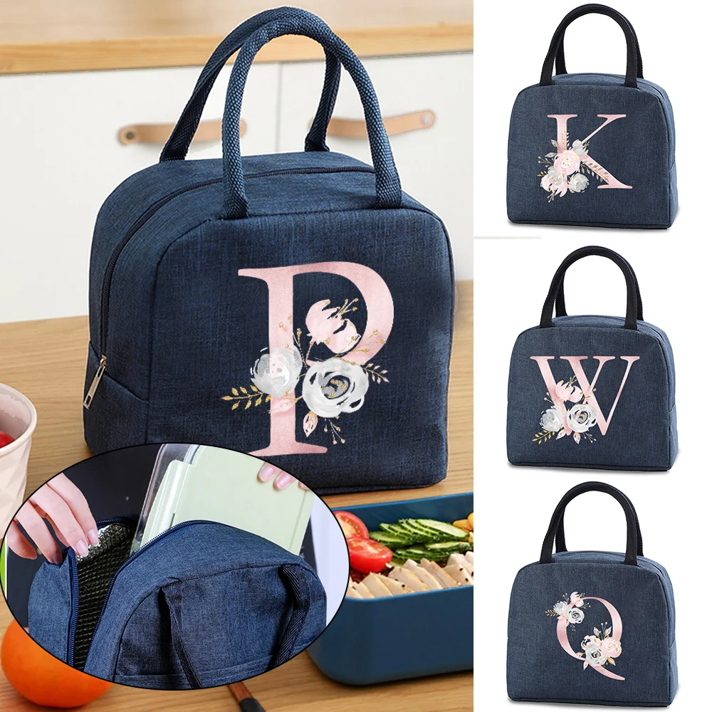 

Simple Pink Flower Letter Pattern Unisex Lunch Bag Multifunctional New Insulation Fashion Portable Lunch Bag