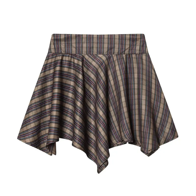 High Waist Asymmetric  Skirt with Strap Spring Summer New Arrival Women's Fashion Checkered Belted Skirts Ladies Premium