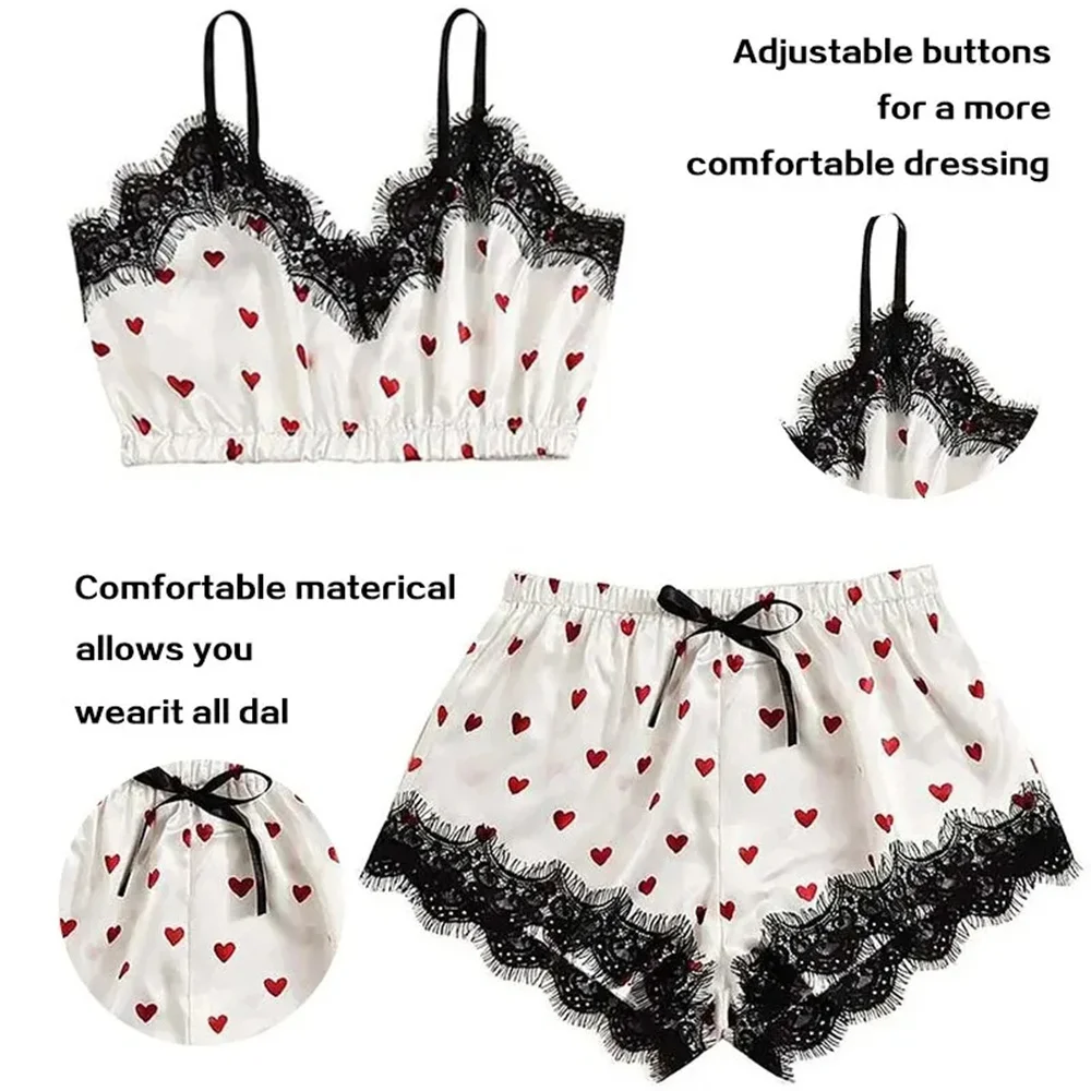 2PCS Pajama Suit Women Fashion V-Neck Stretch Satin Lace Sexy Lingerie Bowknot Pyjamas Sleep Shorts Set Sleepwear Sling Set New