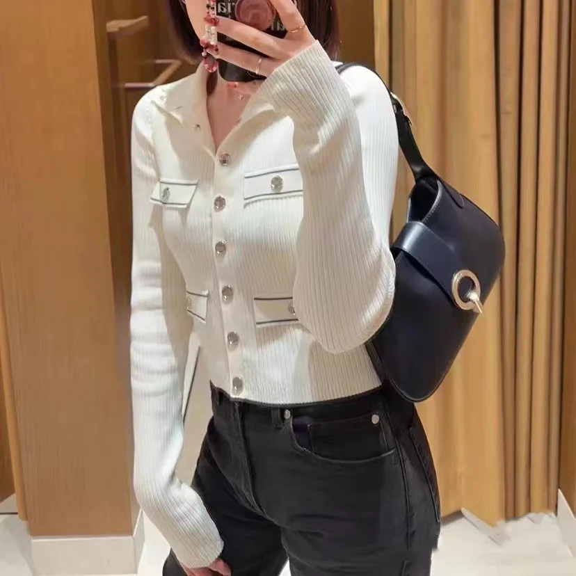 Women Cardigan Turn-Down Collar Single Breasted Slim 2024 Spring New Preppy Style Knitted Tops