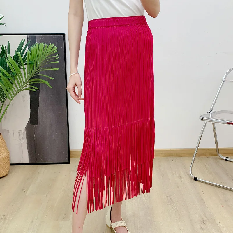 MIYAKE Spring and Summer Drape Pleated Skirt Women's High Waist Slim Tassel Pleated Skirt Solid Color All-match Elastic Waist