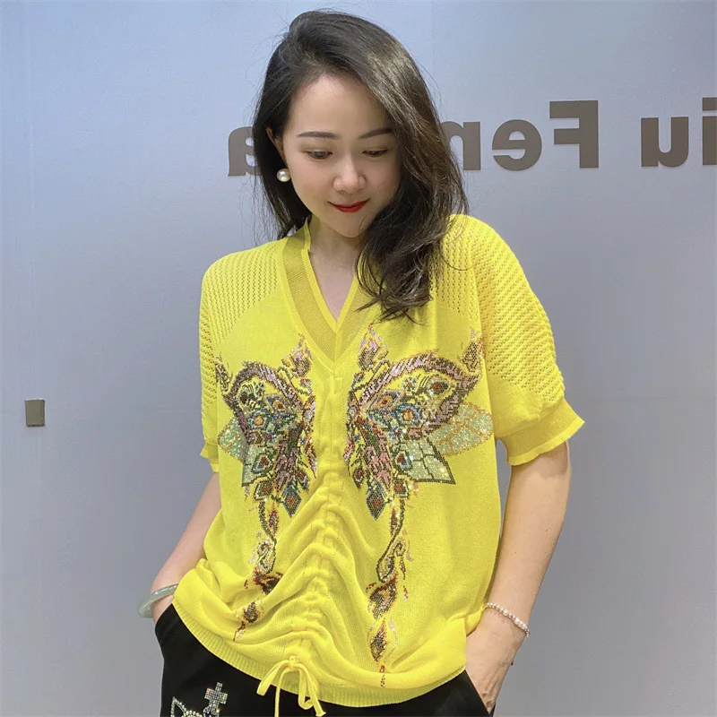 Nieuwe Lente Zomer Gebreide Dames Shirts Glanzend Hete Boring V-Hals Pullover Top Hoge Stretch Holle Korte Mouw T-Shirt
