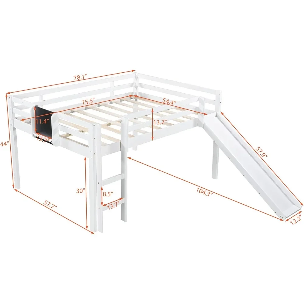 Children's bed, loft wooden bed with sliding, ladder and blackboard, family, youth, no spring box required, children's bed