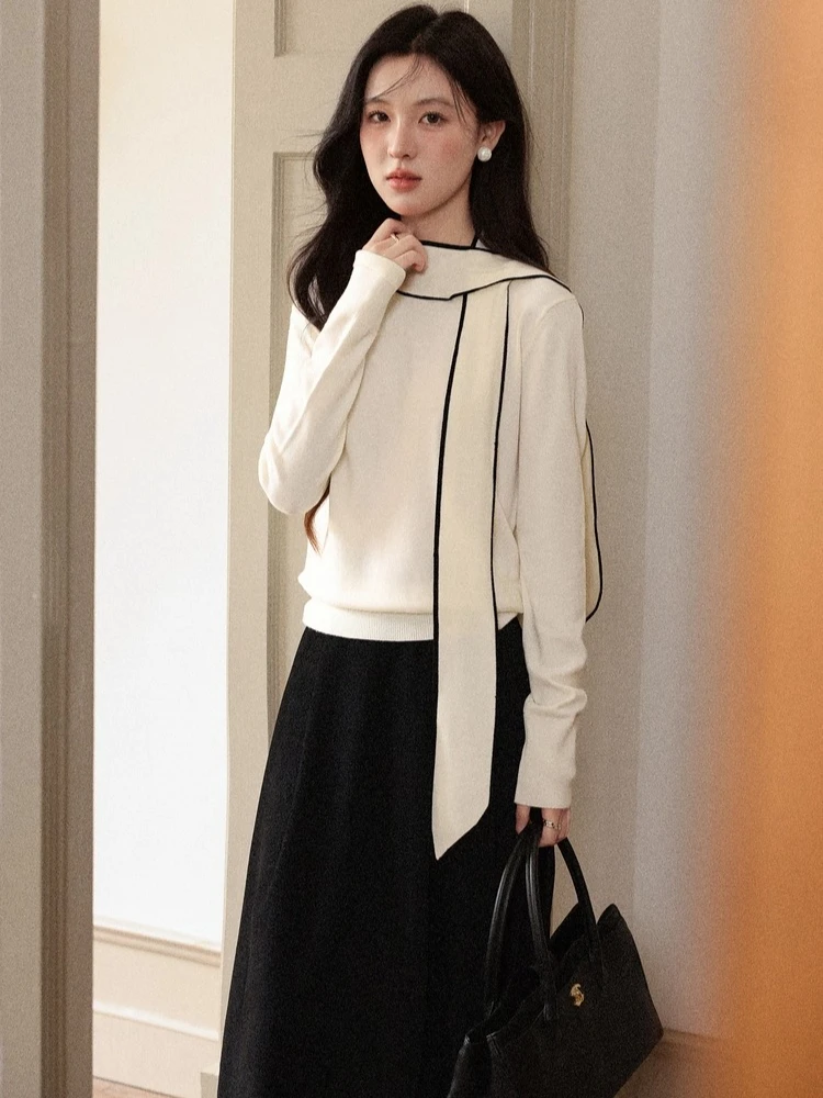 

ALXNAN абрикосовый вязаный свитер, новый осенний галстук на шее, черный контрастный эластичный подол, повседневный универсальный женский топ L57312