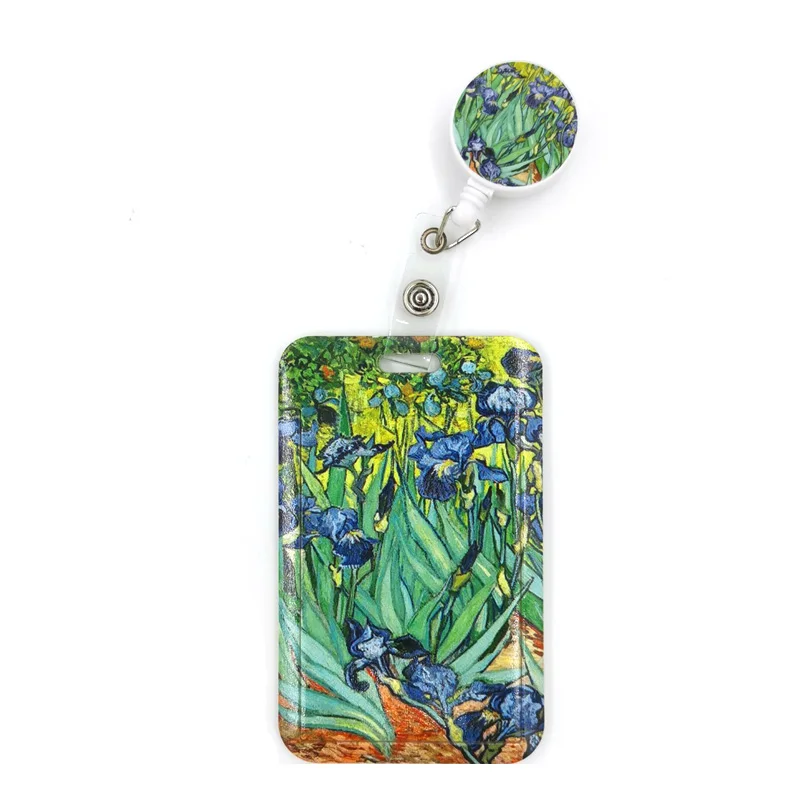 Van gogh Oil Painting Irises Cartoon Cute Credit Card Holder Lanyard Women Men Kid Student Retractable Badge Reel ID Name Bus