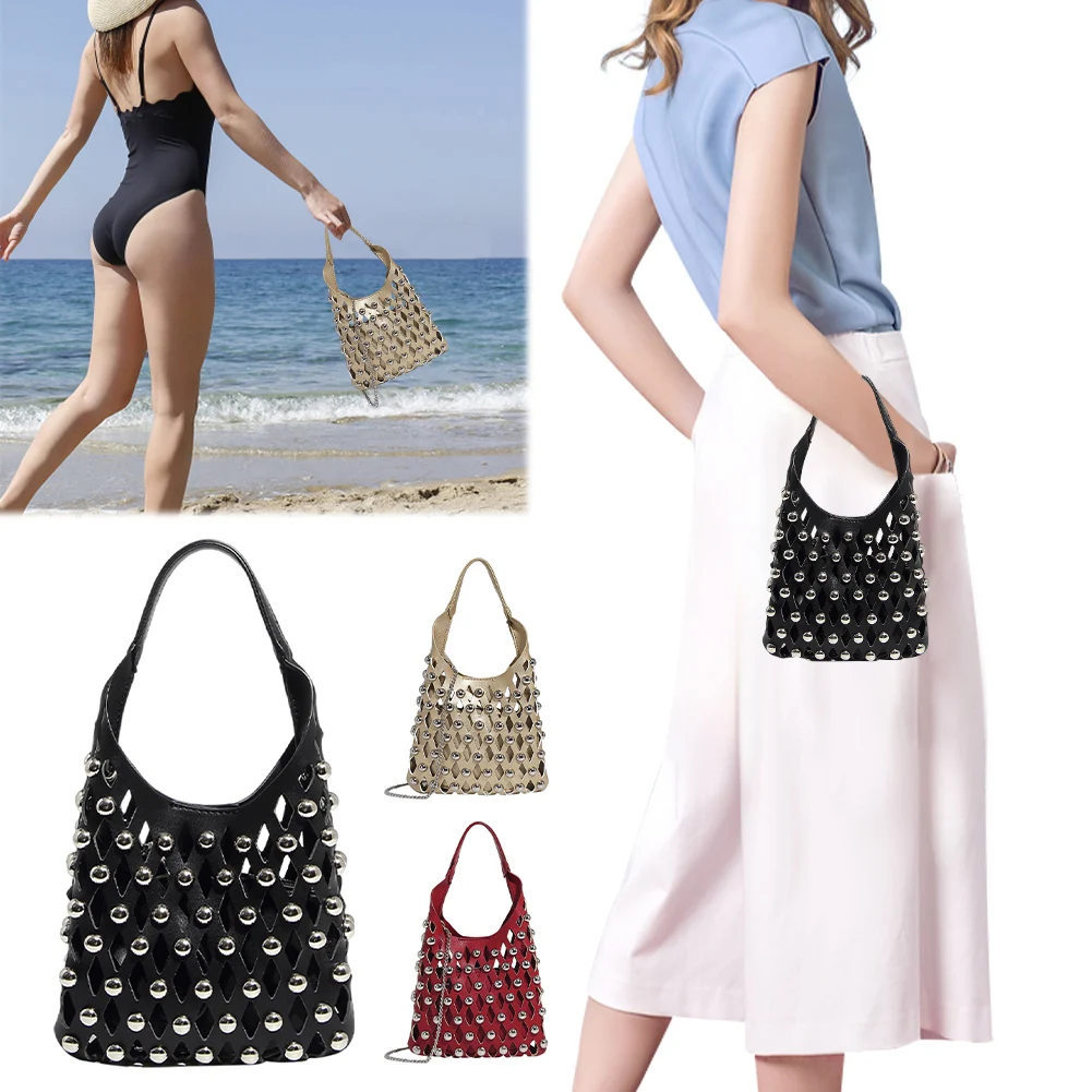

Women Stylish Tote Handbag Large Capacity Casual Shoulder Bag PU Leather Metal Stud Hollowed Shoulder Bag Commute Bag with Purse